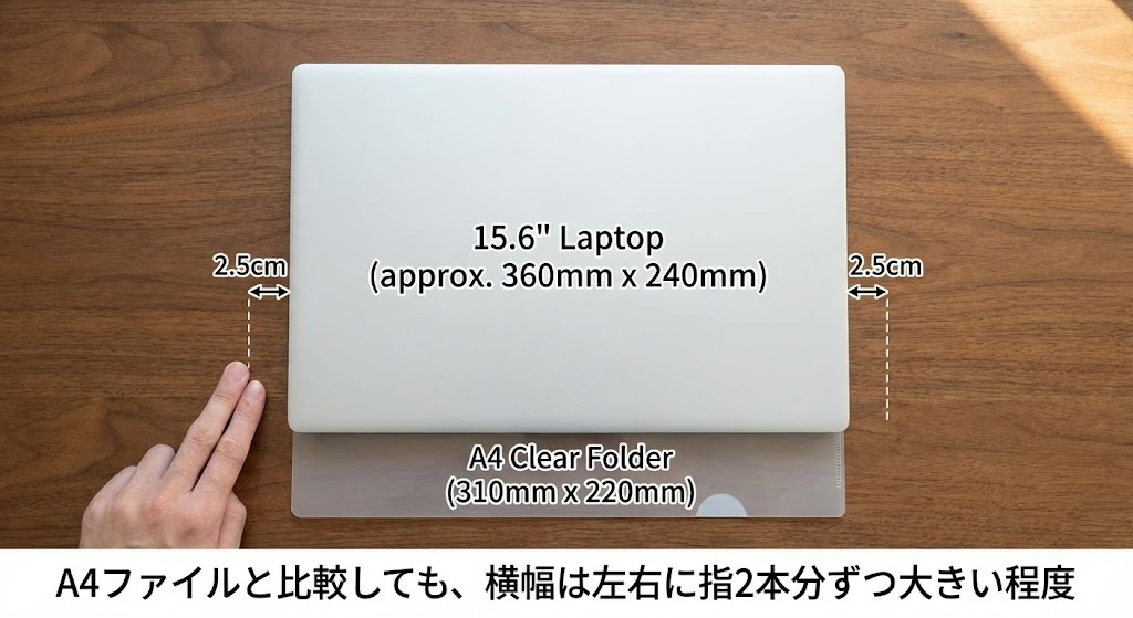 15.6インチのPCとA4クリアファイルのサイズ比較