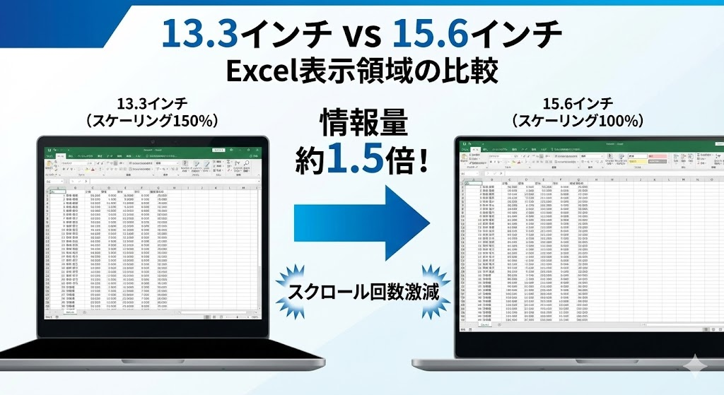 13.3インチ vs 15.6インチ Excel表示領域の比較