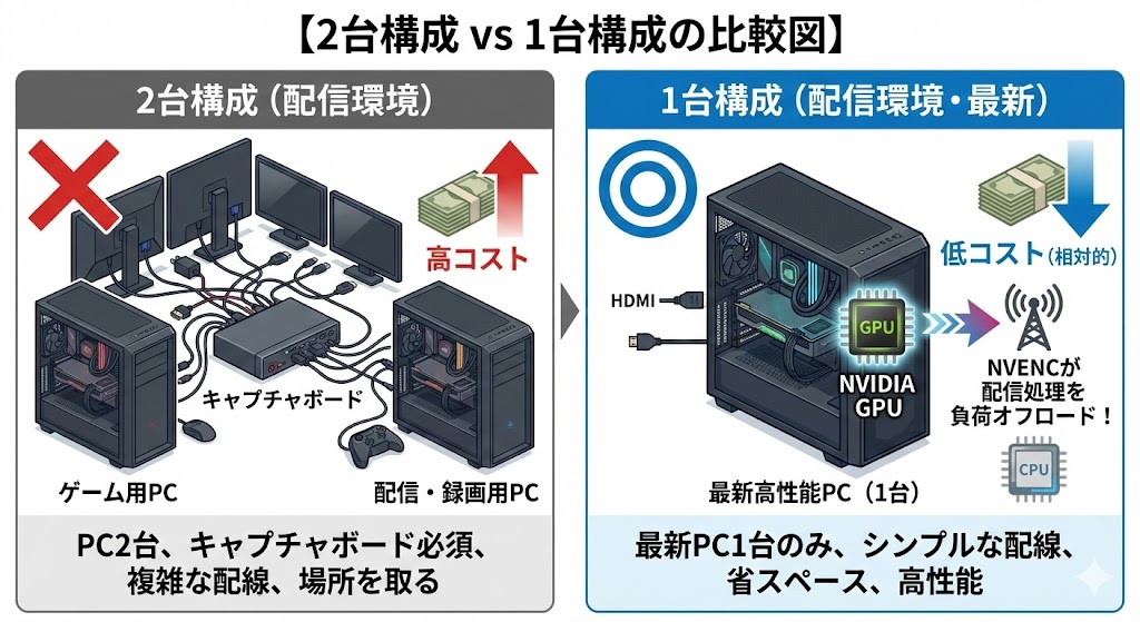 配信PC2台構成 vs 1台構成の比較図