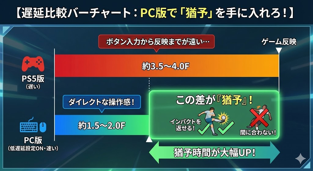 【遅延比較バーチャート】
・PS5版：約3.5〜4.0F（遅い）
・PC版（低遅延設定ON）：約1.5〜2.0F（速い）