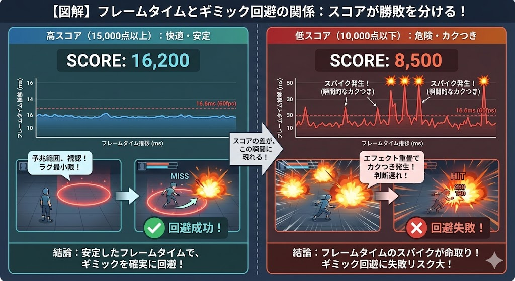 【図解：フレームタイムとギミック回避の関係】
・15,000点以上：フレームタイムが常に16.6ms（60fps）以下で安定。予兆範囲の視認から回避行動までのラグが最小限。
・10,000点以下：エフェクトが重なる場面でフレームタイムがスパイク（瞬間的なカクつき）を起こし、ギミック回避の判断が遅れるリスクを図示。
