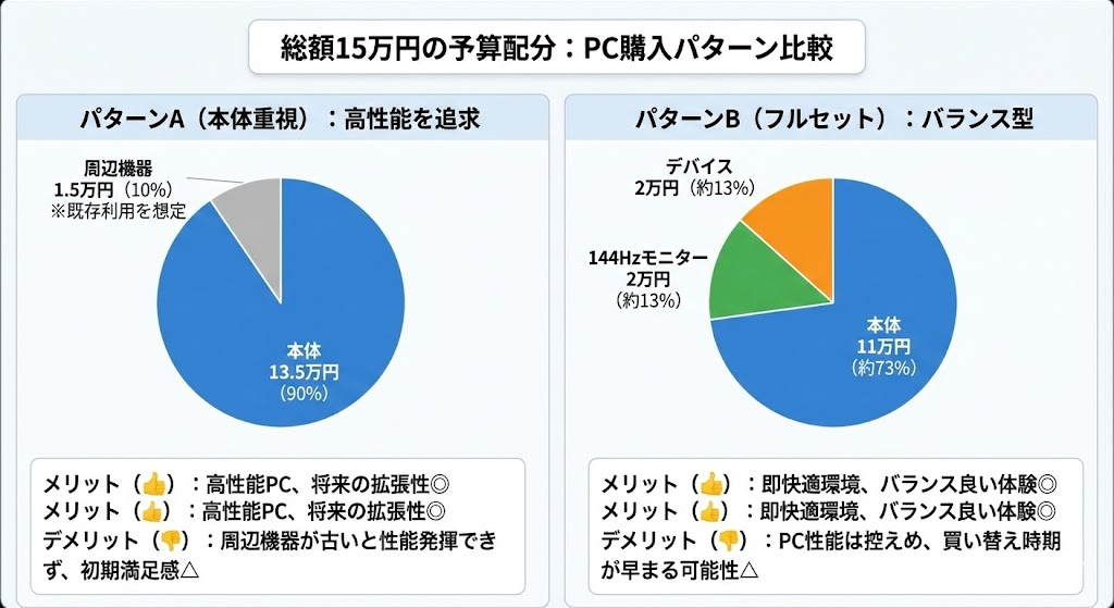 「総額15万円の予算配分」を示す円グラフを作成。 ・パターンA(本体重視):本体13.5万、周辺機器1.5万(既存利用想定) ・パターンB(フルセット):本体11万、144Hzモニター2万、デバイス2万 それぞれのメリット・デメリットを対比させる。