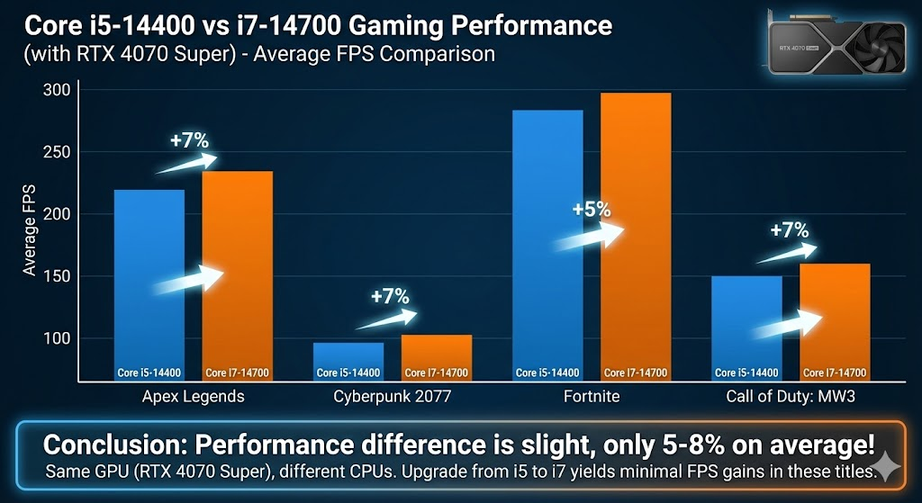 Core i5-14400とCore i7-14700を同一GPU(RTX 4070 Super)で動かした際の、主要ゲーム(Apex Legends, Cyberpunk 2077等)の平均FPS比較グラフ。差が5〜8%程度であることを視覚的に強調してください。