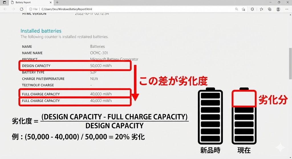 Battery Reportの画面キャプチャを提示。「DESIGN CAPACITY（新品時の容量）」と「FULL CHARGE CAPACITY（現在の満充電容量）」を赤枠で囲み、その差が劣化度であることを示す図解