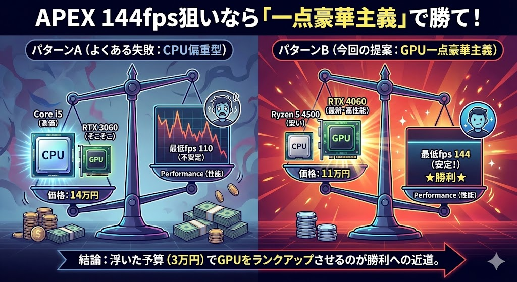 APEXにおけるCPUとGPUの予算配分比較図。CPUをRyzen 5 4500に抑えRTX 4060を採用する方が、Core i5とRTX 3060の組み合わせよりも安価で高い最低fpsが出ることを示している。