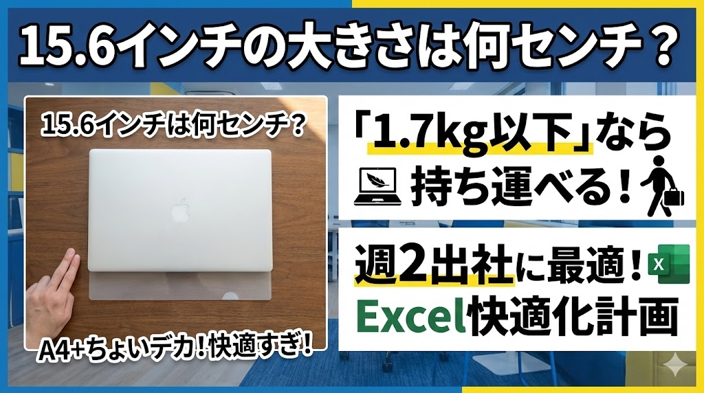 15.6インチの大きさは何センチ？「1.7kg以下」なら持ち運べる！週2出社に最適なExcel快適化計画